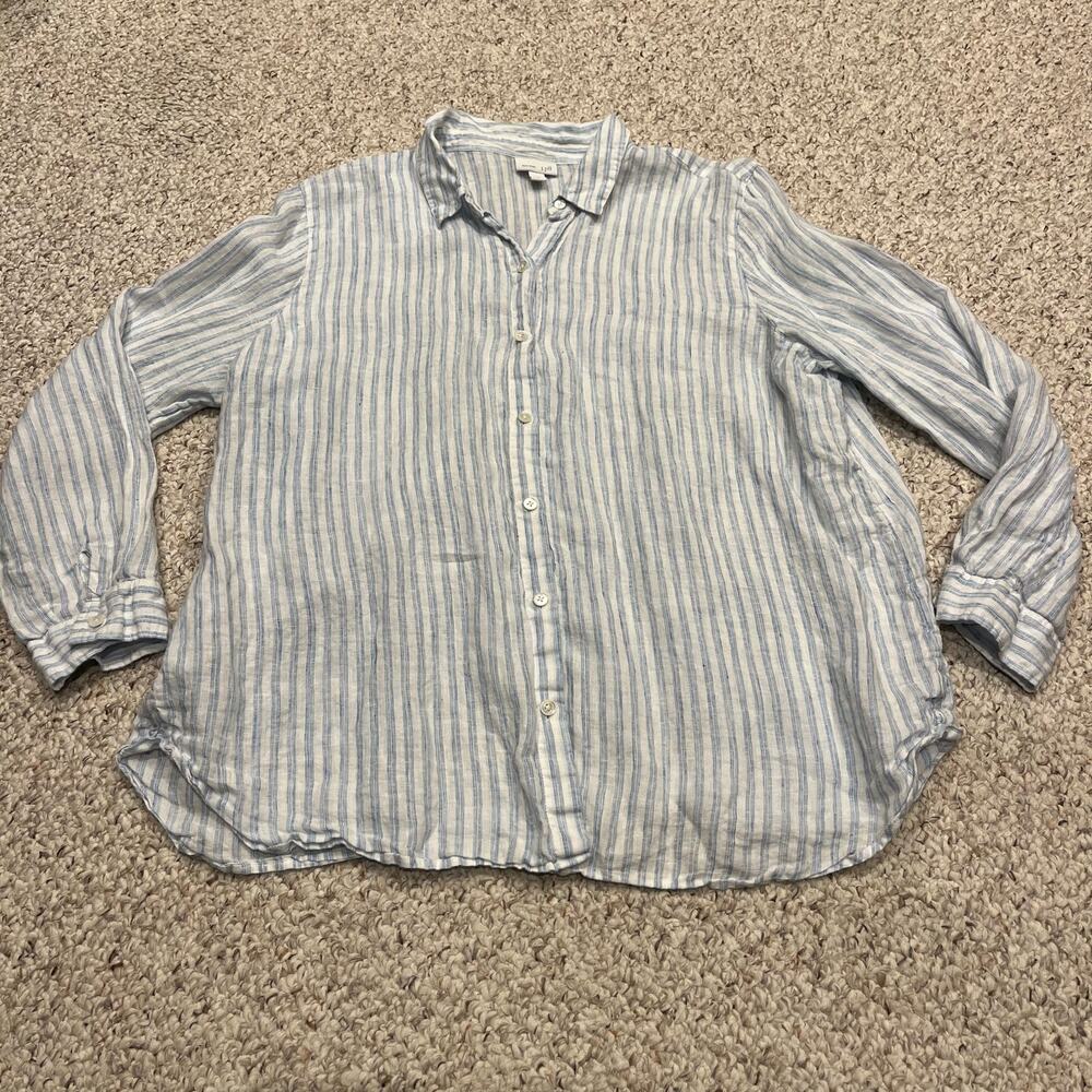 J Jill Love Linen Button Down Shirt Sz XL Blue White Stripe Coastal Casual